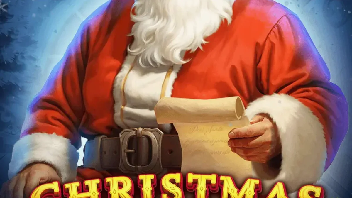 Tampilan visual slot Christmas Workshop: Hold The Spin dengan tema bengkel Santa yang meriah.